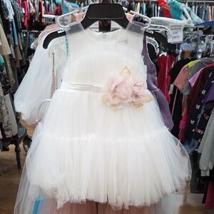 New Pariltim White Tulle Dress with Pink Floral Accent & Headband